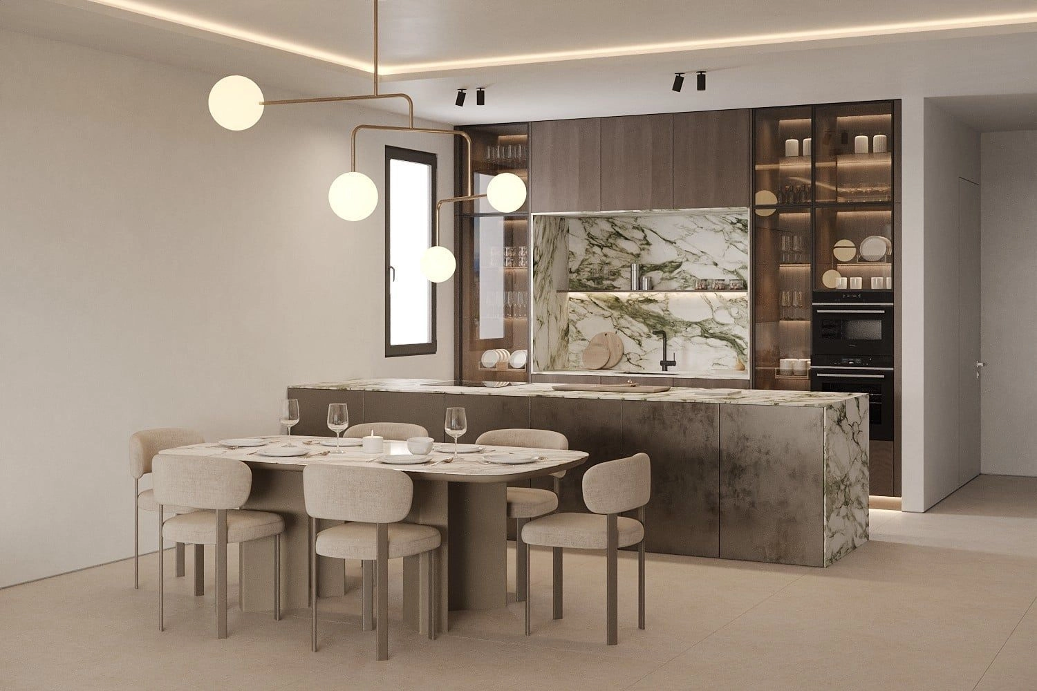 Eine moderne Küche mit hochwertigen Oberflächen, die sowohl schön als auch funktional ist.