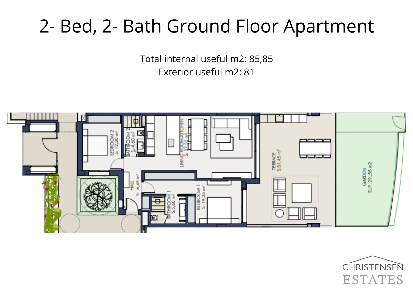 Ein durchdachtes Grundrissdesign mit zwei Schlafzimmern im Erdgeschoss, das einen nahtlosen Übergang zu einer großen Terrasse und einem privaten Garten bietet.