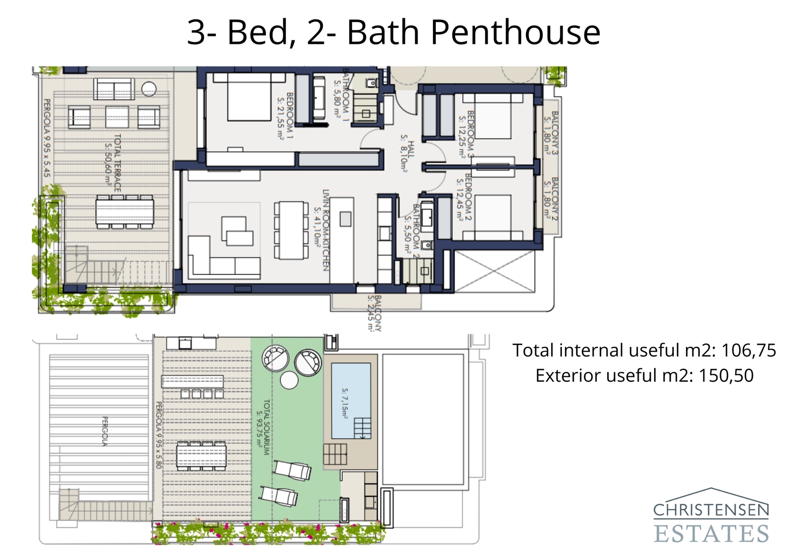 Dieses großzügige Dachgeschosswohnung-Layout mit drei Schlafzimmern umfasst ein weitläufiges Solarium und bietet einen außergewöhnlichen Raum zum Unterhalten und Sonnenbaden.