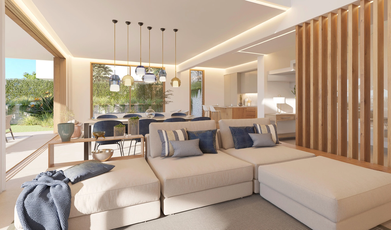 Offene Innenbereiche verbinden sich nahtlos mit der Außenterrasse und schaffen einen perfekten Raum für Unterhaltung.