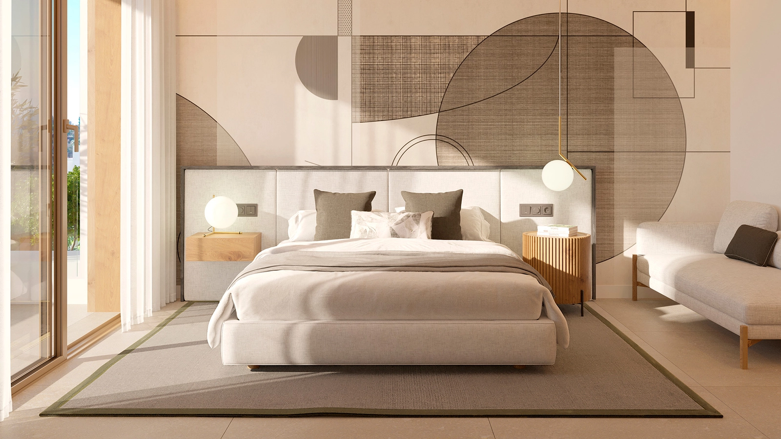 Das Hauptschlafzimmer ist ein Refugium der Ruhe und des Stils mit viel natürlichem Licht.