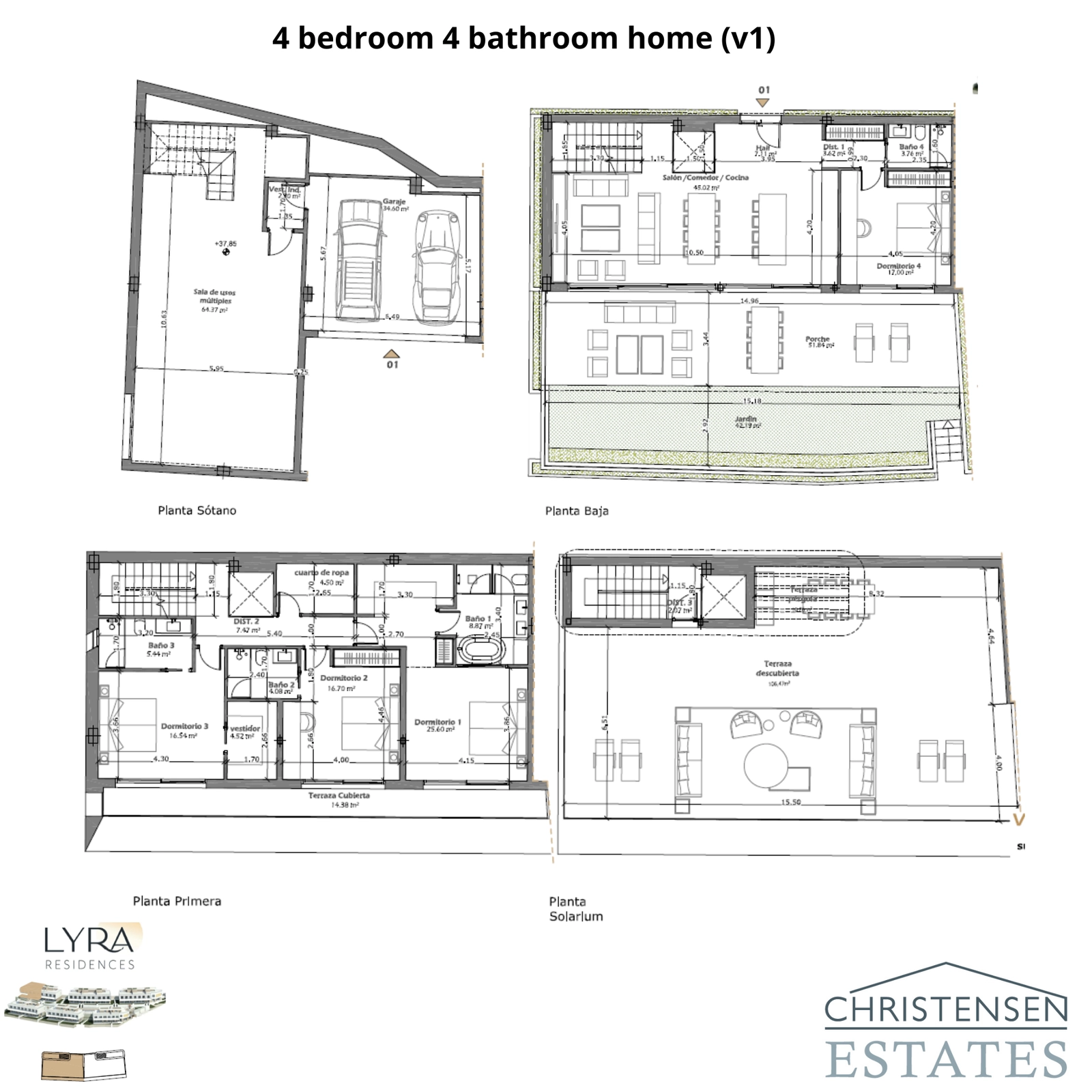 Dieser vierstöckige Grundriss zeigt ein geräumiges Haus mit 4 Schlafzimmern, das die private Garage, den offenen Wohnbereich, die Schlafzimmer und das weitläufige Dachsolarium detailliert darstellt.