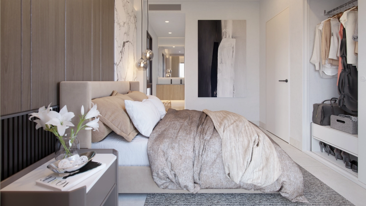 Elegante Designmerkmale in den Schlafzimmern schaffen eine ruhige und anspruchsvolle Atmosphäre.