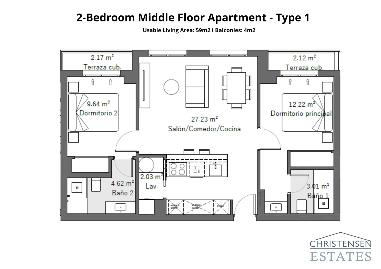 Dieses Zwei-Schlafzimmer-Layout verfügt über Balkone an jedem Schlafzimmer, die private Außenbereiche zur Entspannung schaffen.