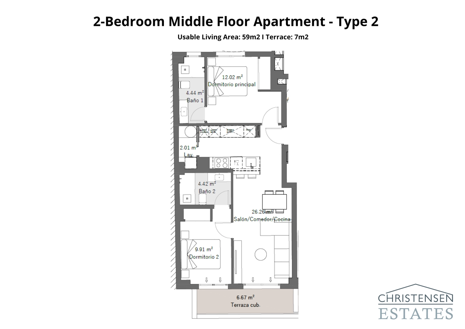 Eine gut gestaltete Zwei-Schlafzimmer-Wohnung mit einem geräumigen Wohnbereich, der sich auf eine großzügige überdachte Terrasse öffnet.