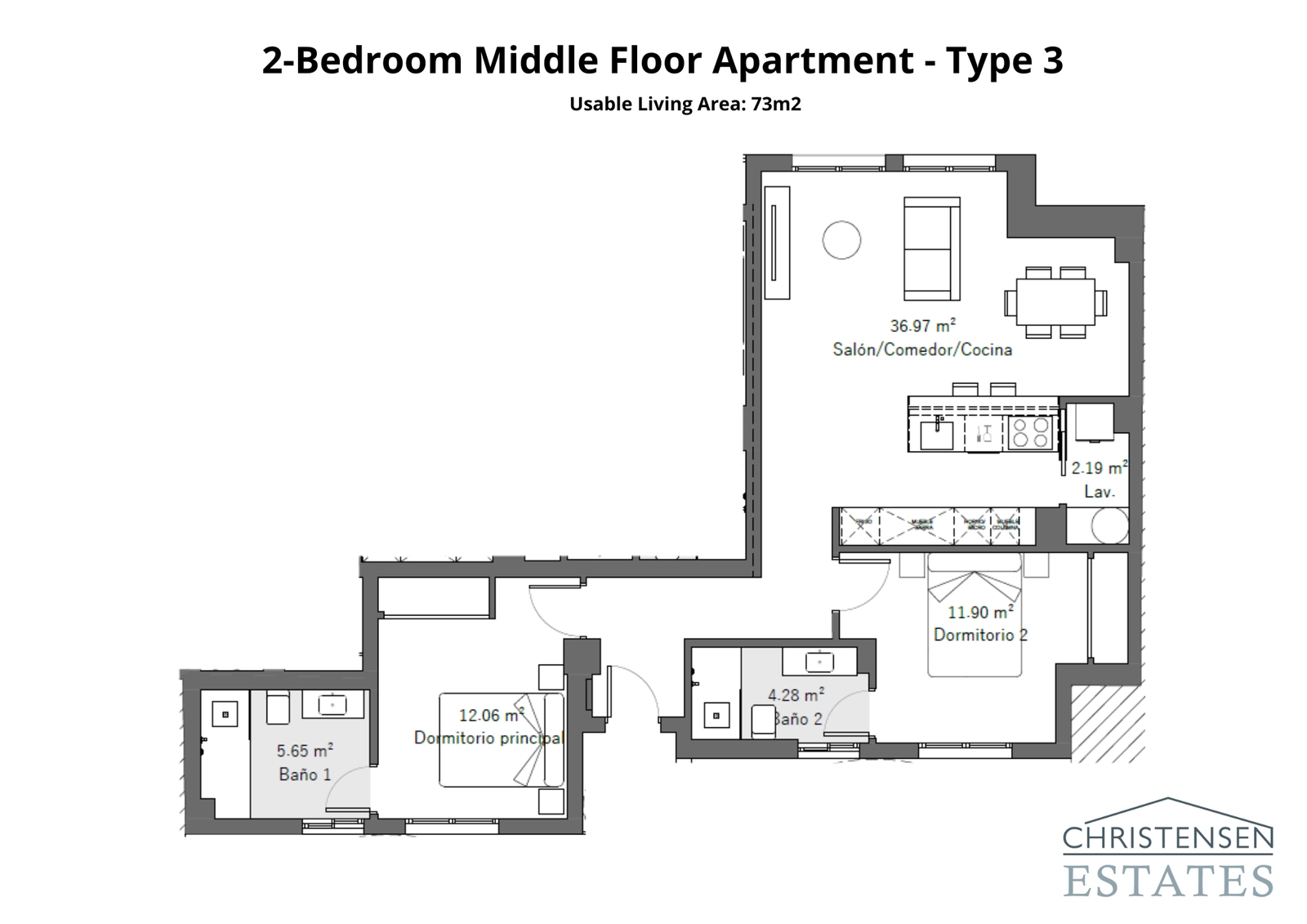 Eine großzügige Zwei-Schlafzimmer-Wohnung mit einem weitläufigen offenen Wohn- und Essbereich, konzipiert für modernes Wohnen.