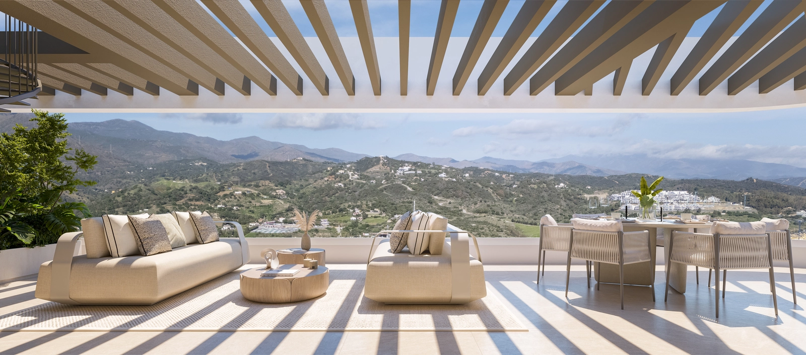 Entspannen Sie auf Ihrer privaten Terrasse und genießen Sie die atemberaubende Aussicht auf die Sierra Bermeja Berge, eine perfekte Kulisse für friedliche Momente.