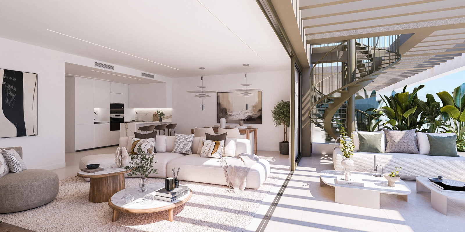 Sonnenlicht durchflutet den eleganten Wohnraum, der nahtlos mit der Außenterrasse verbunden ist und so einen perfekten Innen- und Außenwohnbereich schafft.