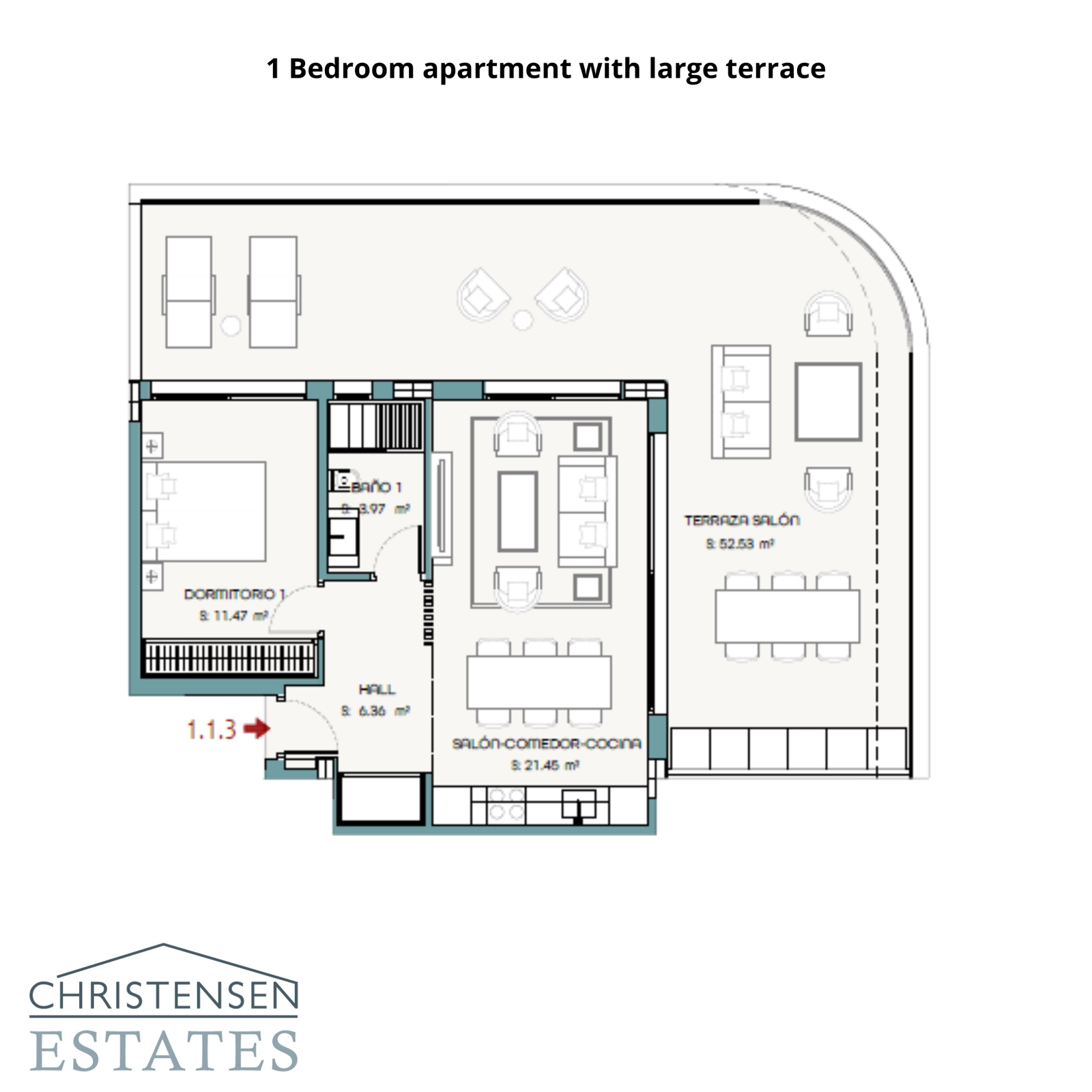 Grundriss einer Wohnung mit einem Schlafzimmer, die einen großzügigen, offenen Wohnbereich bietet, der sich auf eine sehr große Terrasse erstreckt – perfekt, um die Aussicht zu genießen.