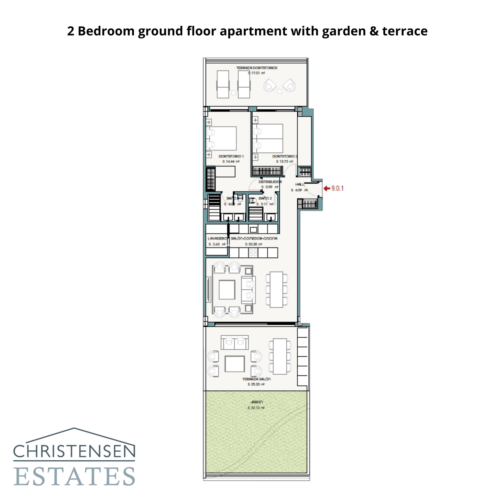 Dieser Grundriss einer Erdgeschosswohnung mit zwei Schlafzimmern zeigt eine geräumige Aufteilung mit direktem Zugang zu einem privaten Garten und einer Terrasse, die ein nahtloses Wohngefühl zwischen Innen- und Außenbereich bietet.