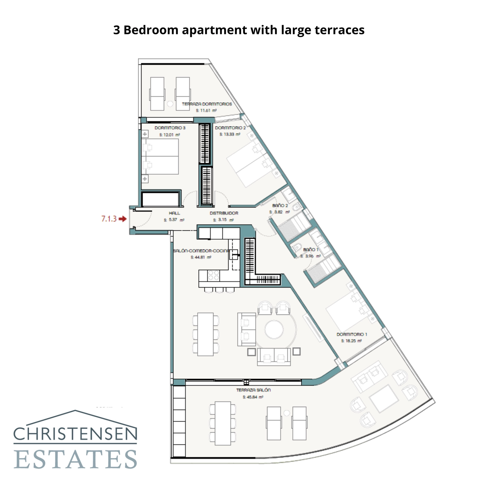Ein gut durchdachter Grundriss für eine Wohnung mit drei Schlafzimmern, mit zwei großen Terrassen, um Licht, Raum und den Zugang zu dem schönen Meer- und Bergblick zu maximieren.