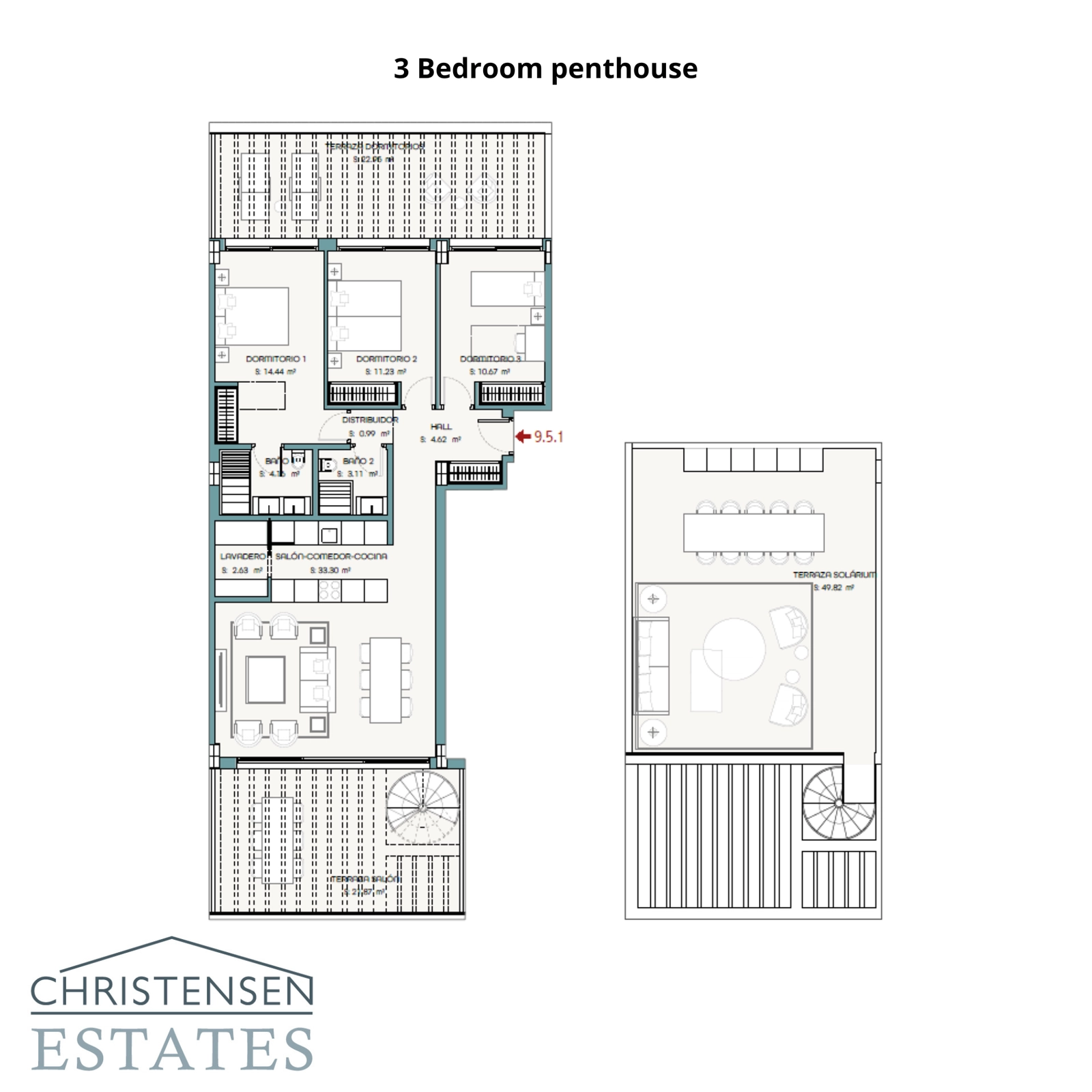 Der exklusive Grundriss des Penthouses mit drei Schlafzimmern, komplett mit einem weitläufigen Dachsolarium zum privaten Sonnenbaden, Essen und Unterhalten.