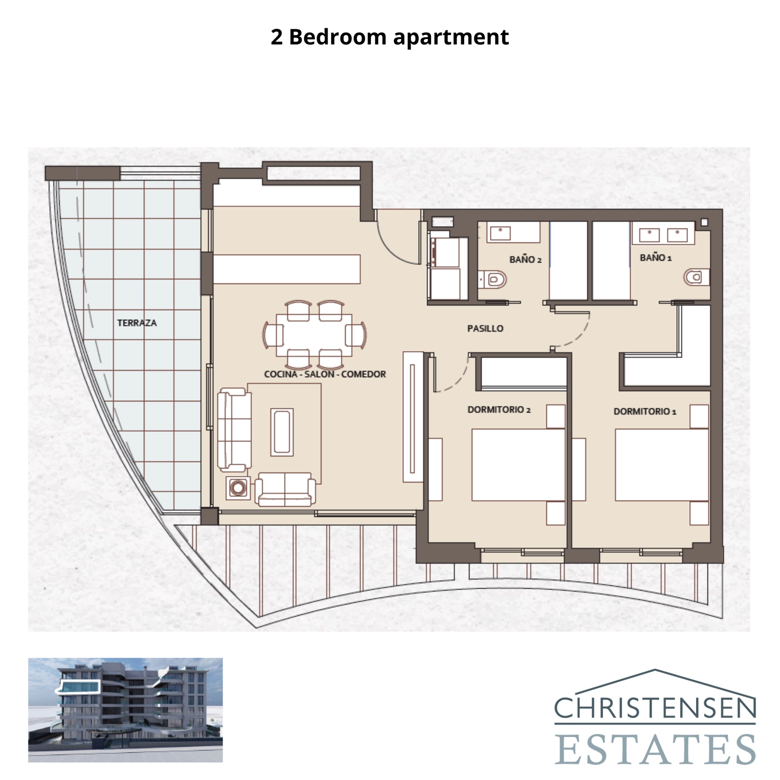 Grundriss für eine geräumige Wohnung mit zwei Schlafzimmern, mit einem offenen Wohnbereich und einer großen Terrasse, um Aussicht und Licht optimal zu nutzen.