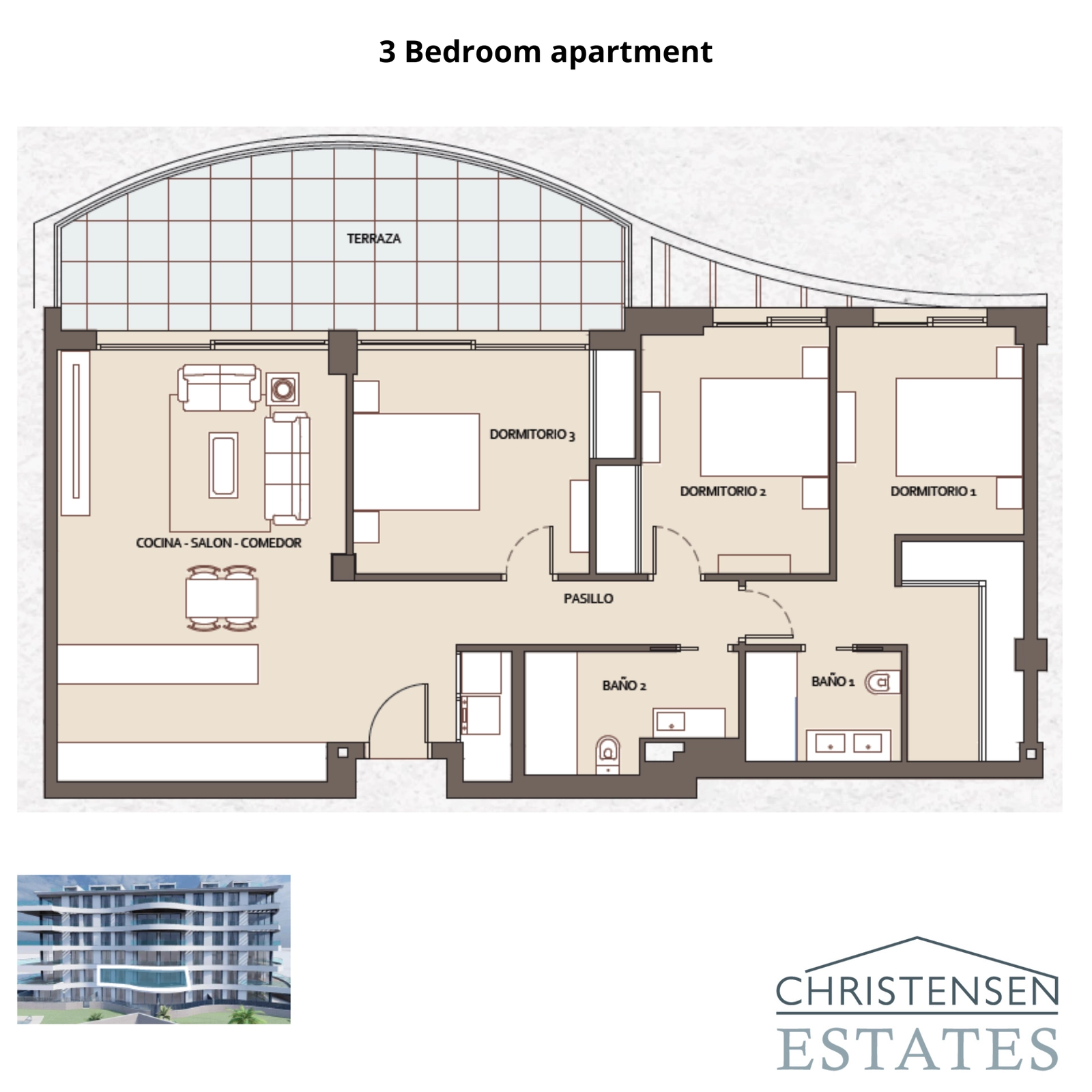 Grundriss für eine Residenz mit drei Schlafzimmern, konzipiert für Familienkomfort mit großzügigen Zimmergrößen und einem nahtlosen Übergang zum Außenbereich.
