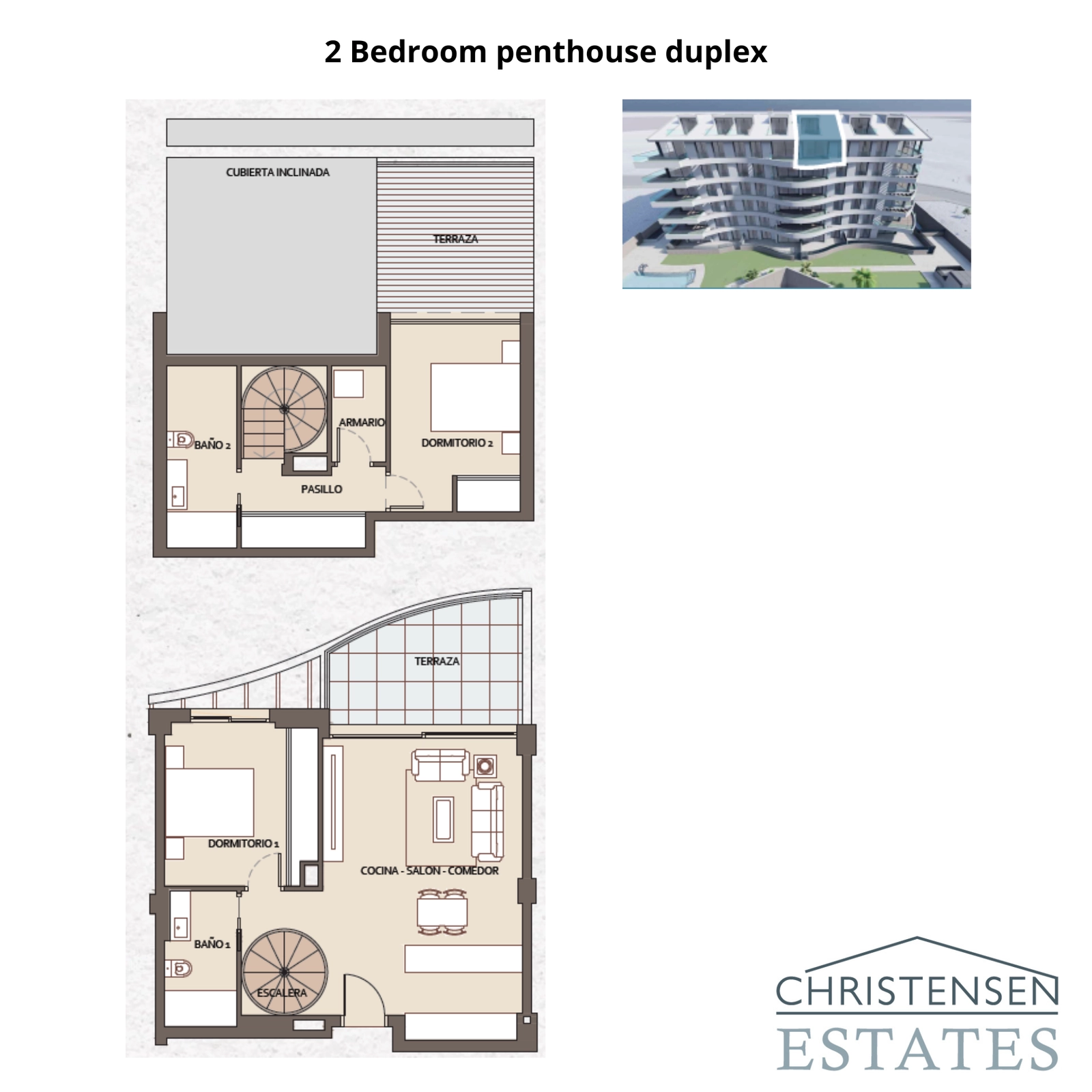 Dieses Duplex-Penthouse mit zwei Schlafzimmern bietet ein einzigartiges Design auf zwei Ebenen, das separate Wohn- und Privatbereiche für einen gehobenen Lebensstil schafft.