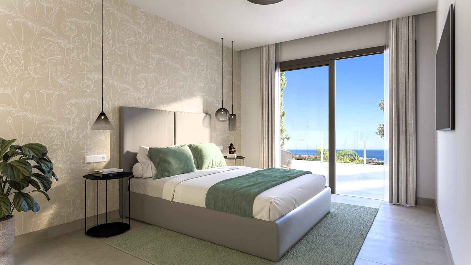 Wachen Sie mit wunderschönem Meerblick aus dem Hauptschlafzimmer auf, das direkt auf eine private Terrasse führt.