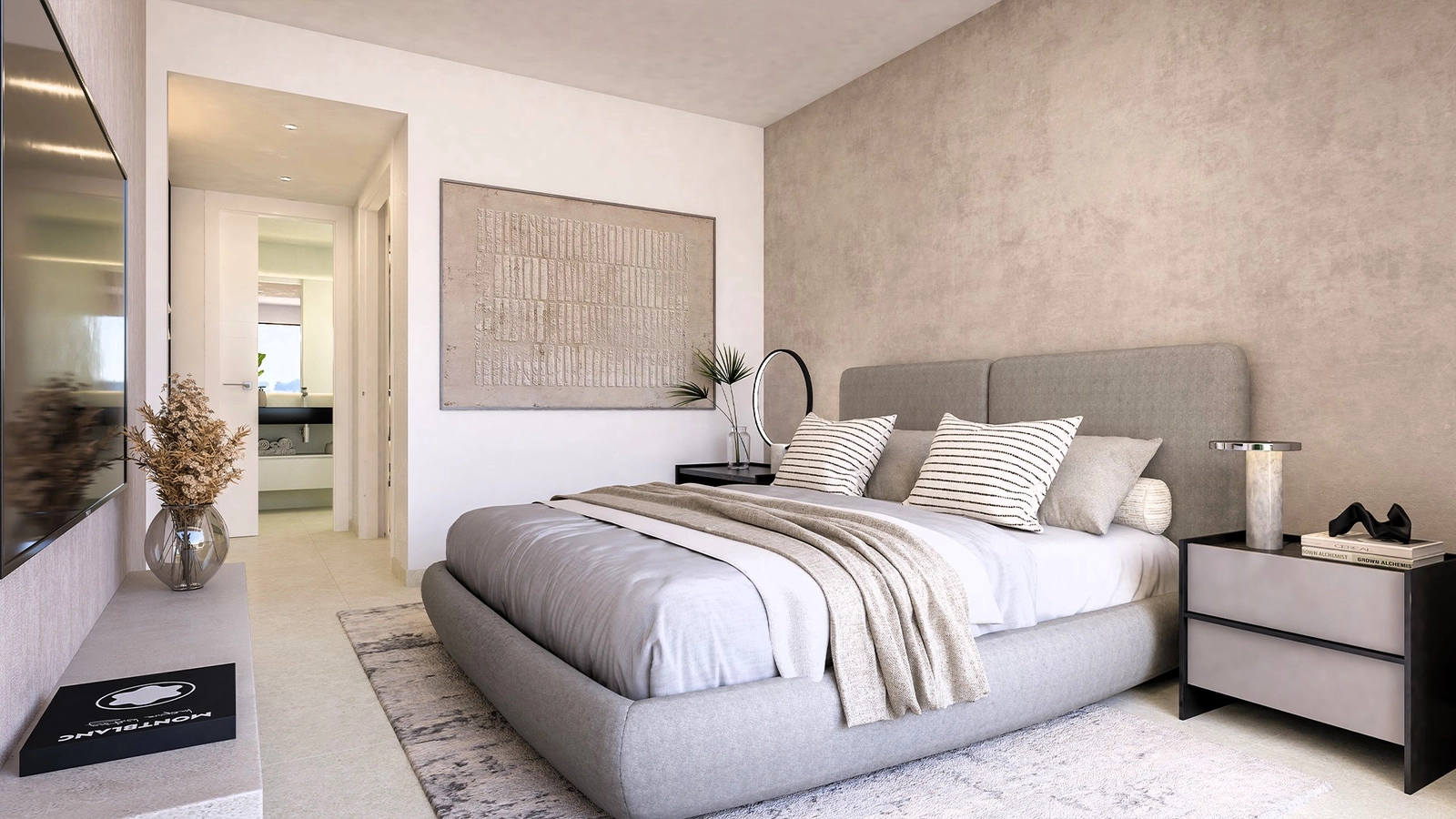 Ein stilvolles und ruhiges Schlafzimmer in einer der Villen, das nach einem sonnigen Tag einen friedlichen Rückzugsort bietet.