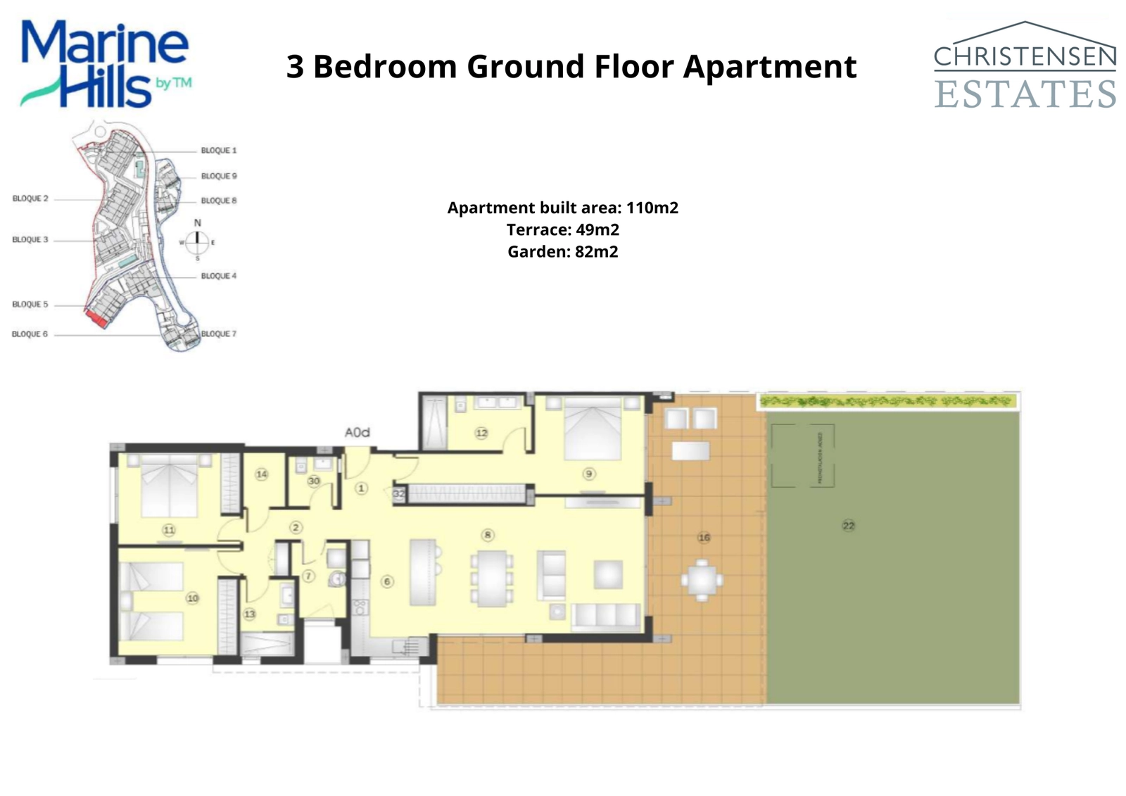 Dieser Grundriss einer Dreizimmer-Erdgeschosswohnung hebt die großzügige Terrasse und den privaten Garten hervor, die den Wohnbereich nach außen erweitern.