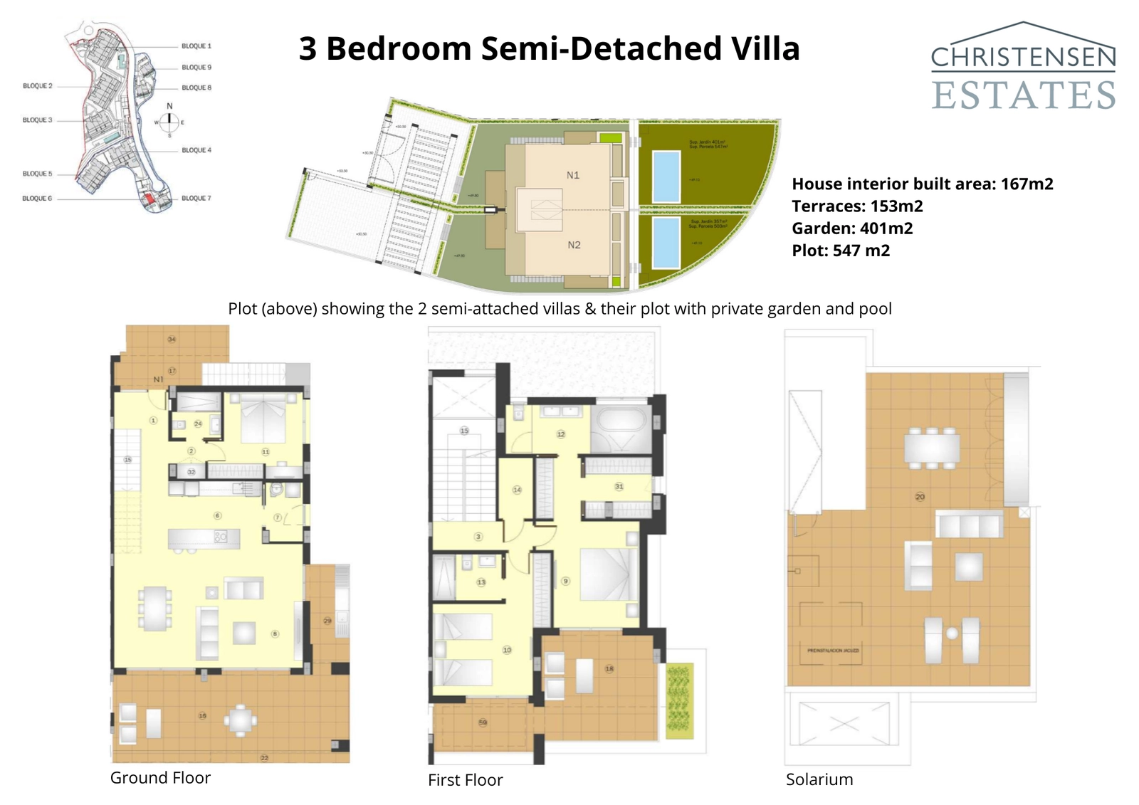 Dieser Plan zeigt die zwei Etagen und das Solarium einer Dreizimmer-Doppelhaushälfte und präsentiert ihr großzügiges Grundstück mit privatem Garten und Pool.