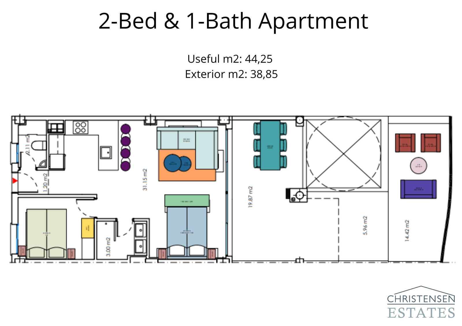 Grundriss einer gut gestalteten Wohnung mit zwei Schlafzimmern und einem Badezimmer, die eine effiziente Aufteilung mit einer großzügigen Außenterrasse zeigt.