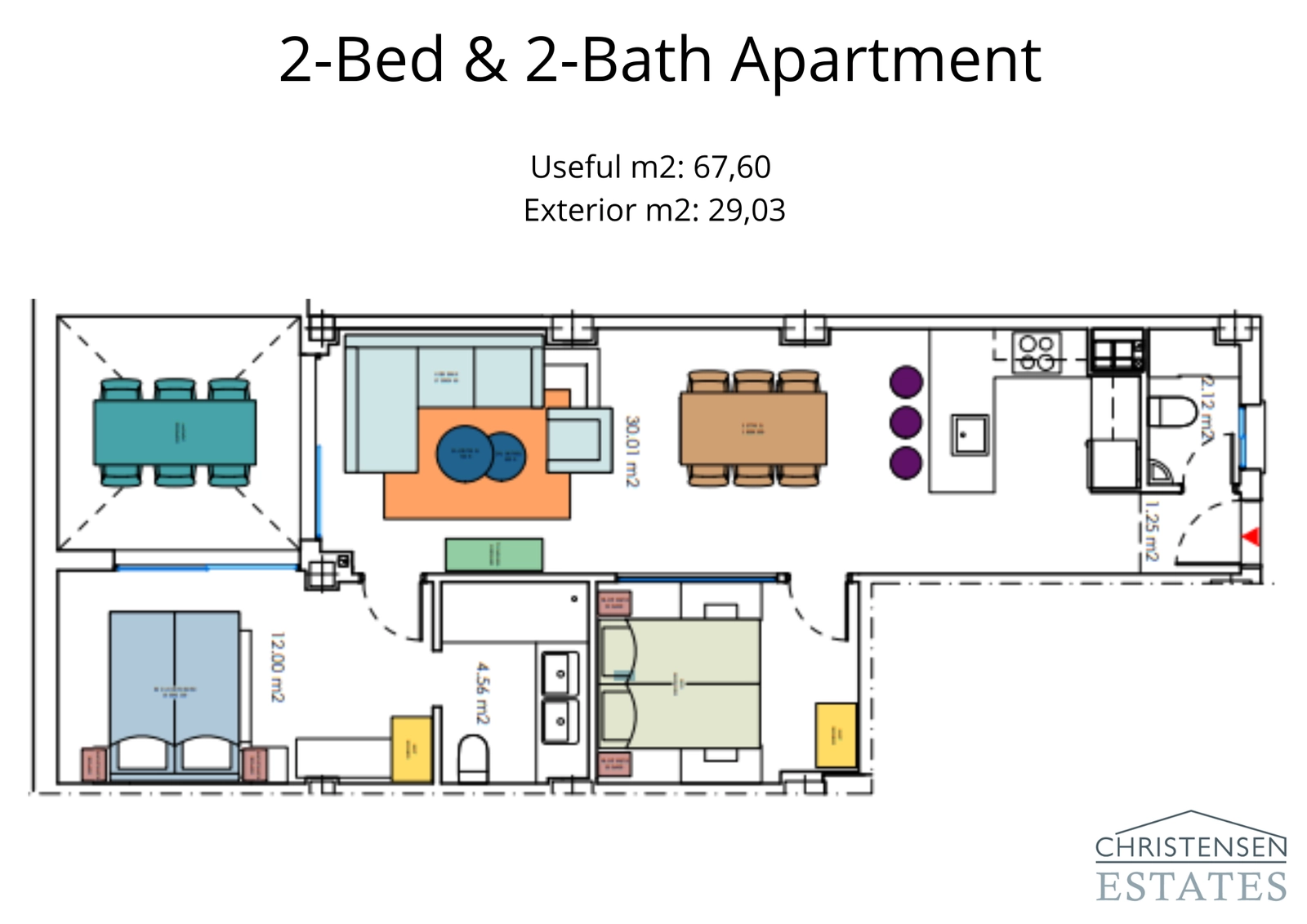 Grundriss einer geräumigen Wohnung mit zwei Schlafzimmern und zwei Badezimmern, der den offenen Wohnbereich und die komfortablen Schlafzimmergrößen hervorhebt.