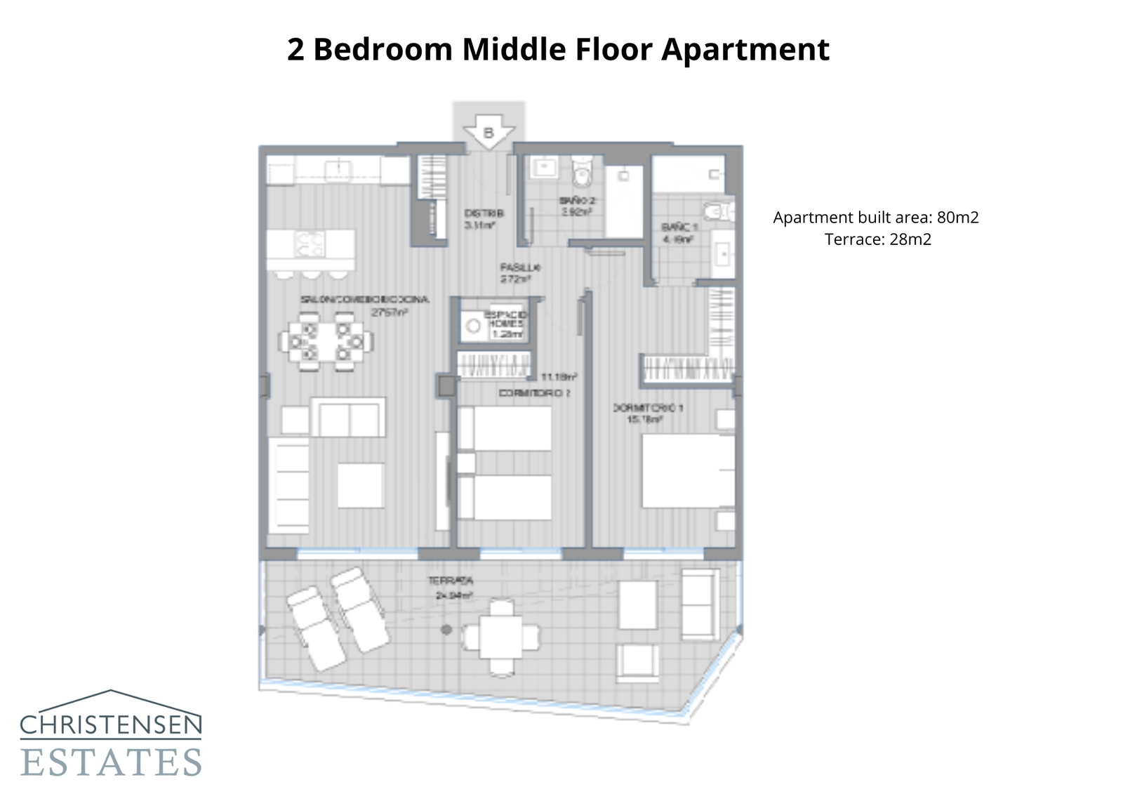 Ein gut durchdachter Grundriss für eine Wohnung mit zwei Schlafzimmern, der eine komfortable Aufteilung mit offenem Wohnbereich und einer geräumigen Terrasse bietet.