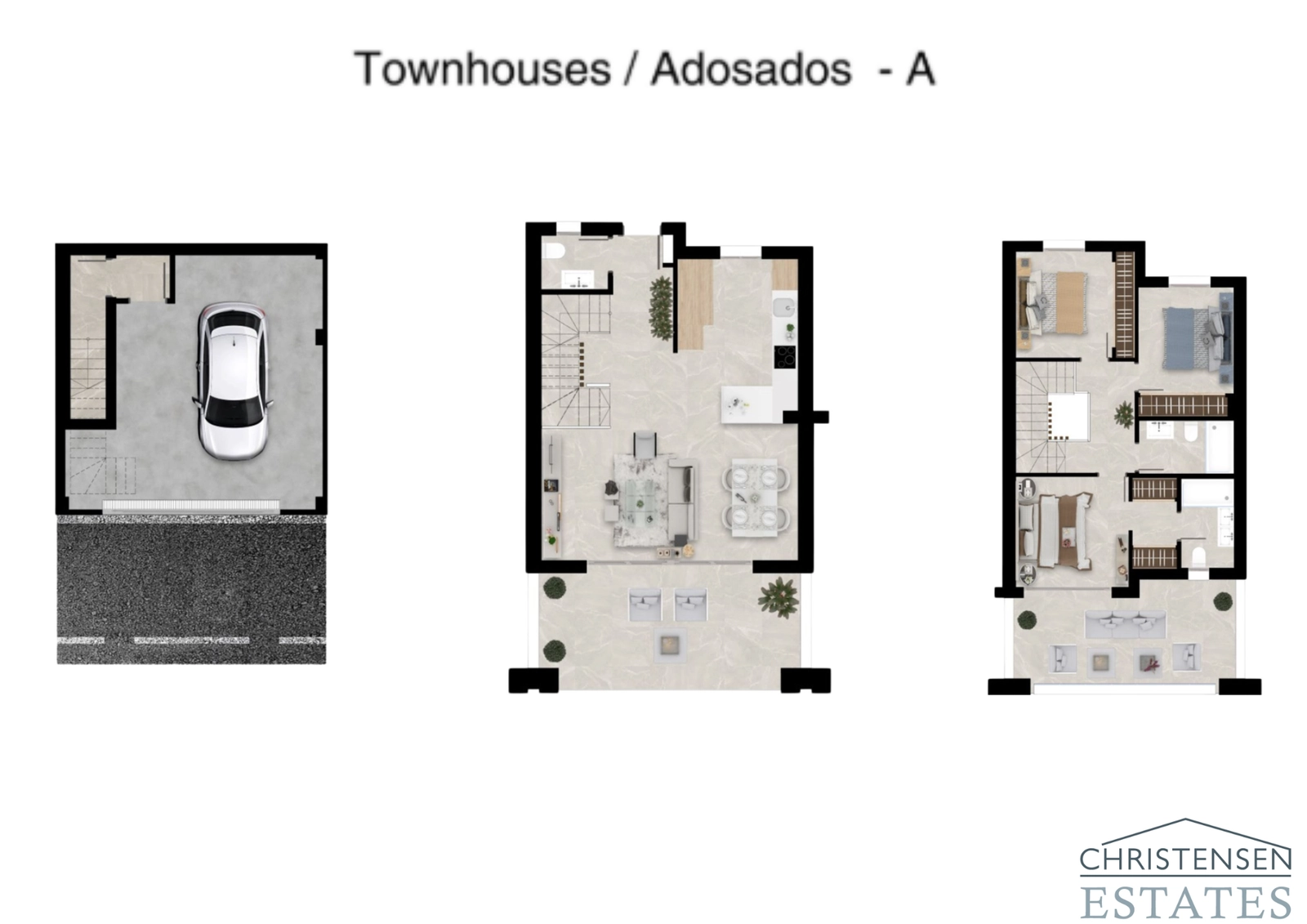 Grundriss für das Reihenhaus Typ A, zeigt drei Etagen inklusive der privaten Garage, des offenen Wohnbereichs und der Schlafzimmer.