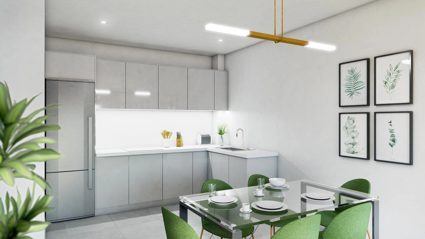 Schicke, moderne Küchen, voll ausgestattet mit hochwertigen Geräten und Oberflächen.