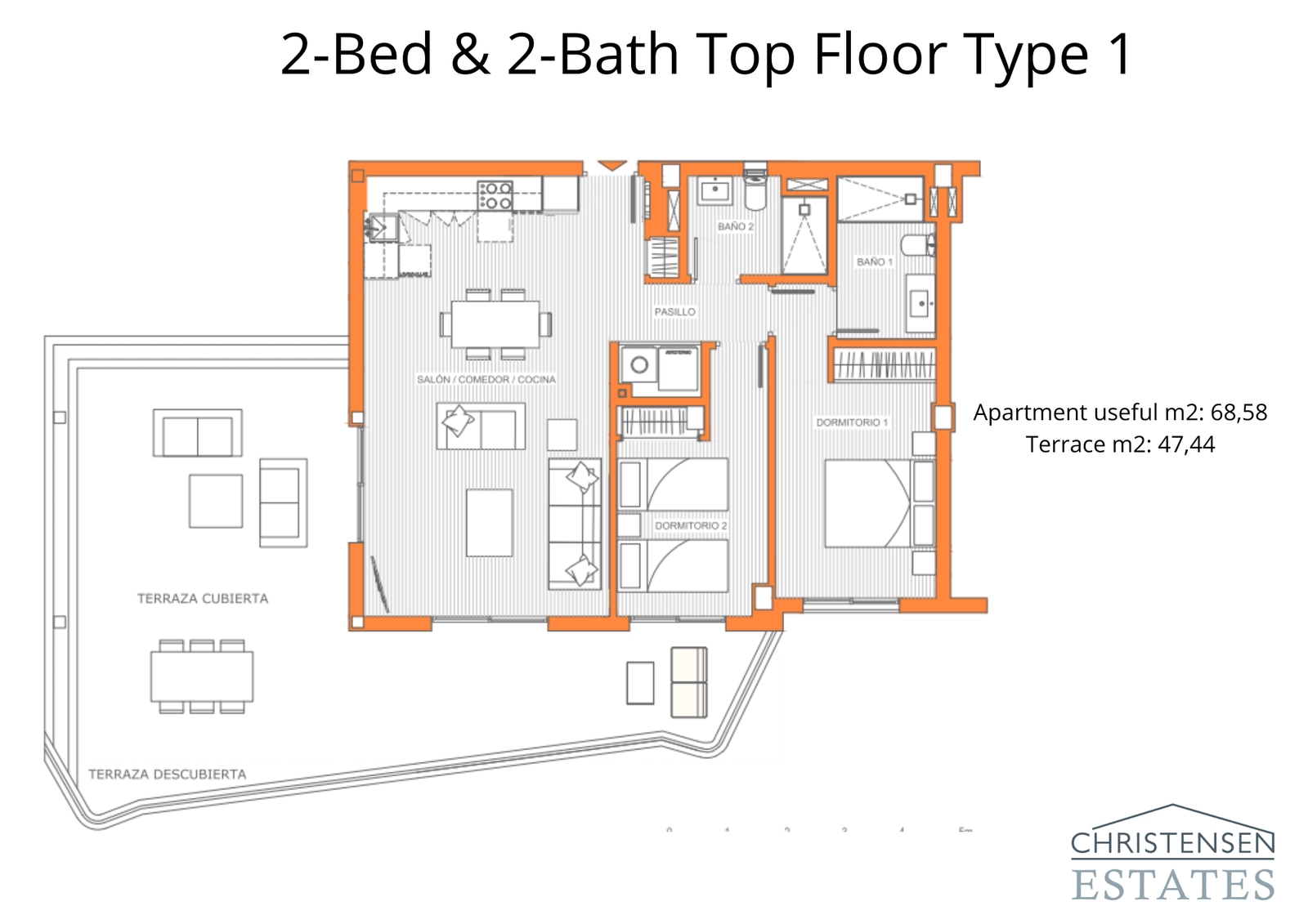 Ein hervorragender Grundriss im Dachgeschoss mit zwei Schlafzimmern und einer außergewöhnlich großen Terrasse, ideal für Mahlzeiten im Freien und zum Genießen des spanischen Klimas.