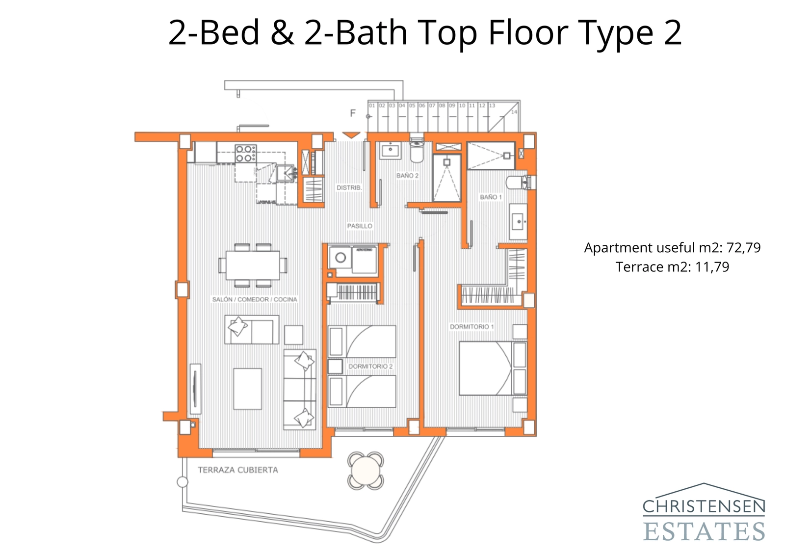 Dieses effiziente Dachgeschoss-Wohnungsdesign bietet zwei komfortable Schlafzimmer und einen nahtlosen Übergang vom Innenwohnbereich zur privaten Terrasse.