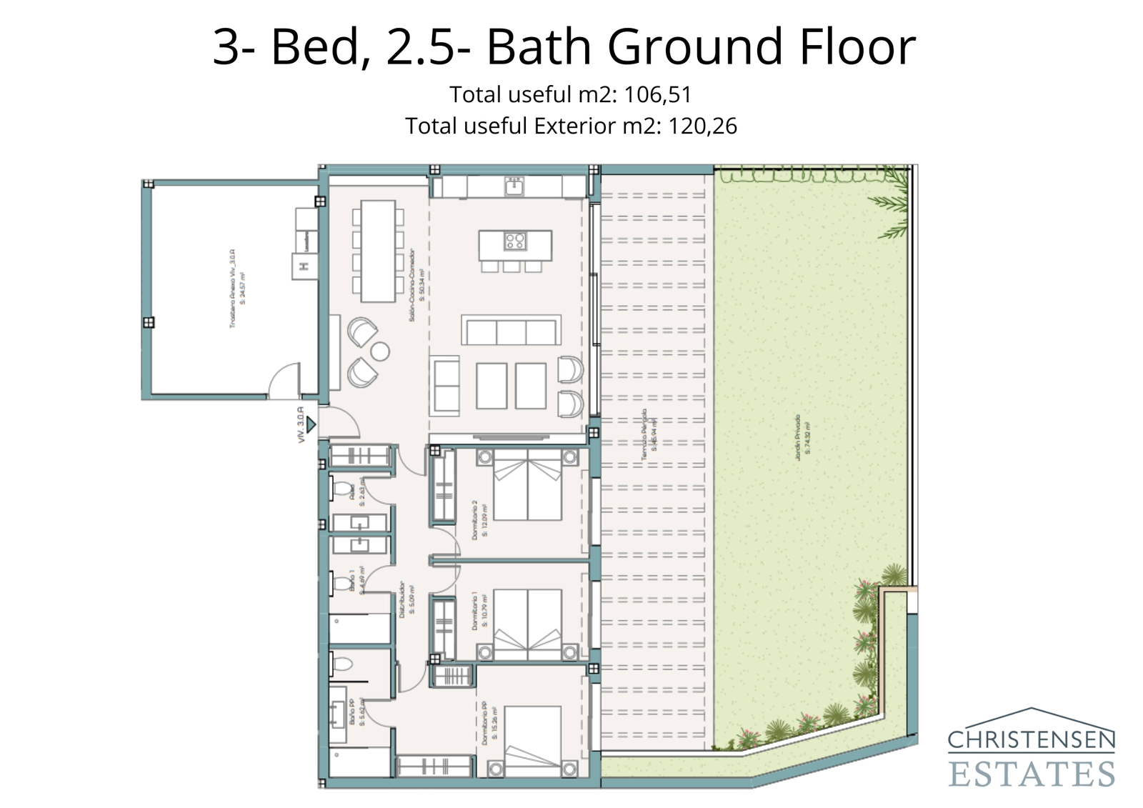 Geräumiger Drei-Schlafzimmer-Erdgeschossgrundriss mit großem privatem Garten, perfekt für das Familienleben.