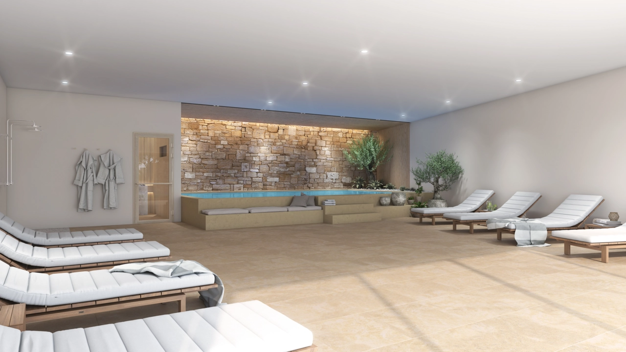 Der ruhige Indoor-Spa-Bereich, ein privater Rückzugsort für Bewohner zum Entspannen und Regenerieren.