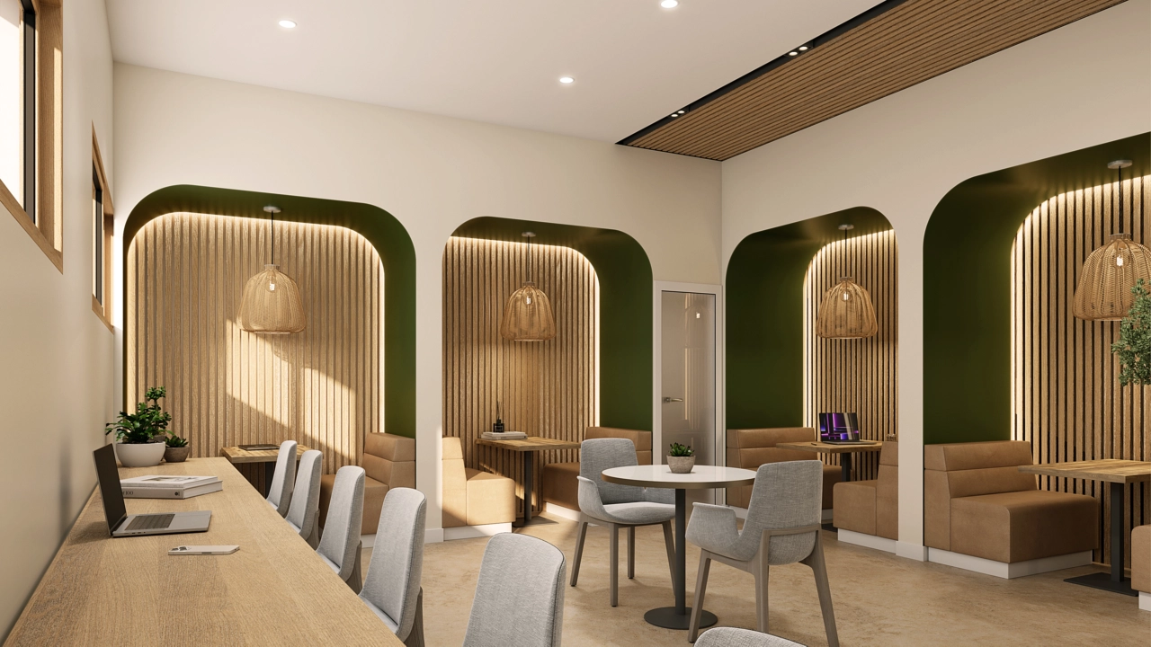 Ein stilvoller und funktionaler Co-Working-Bereich, der eine komfortable Umgebung für Arbeit oder Besprechungen bietet.