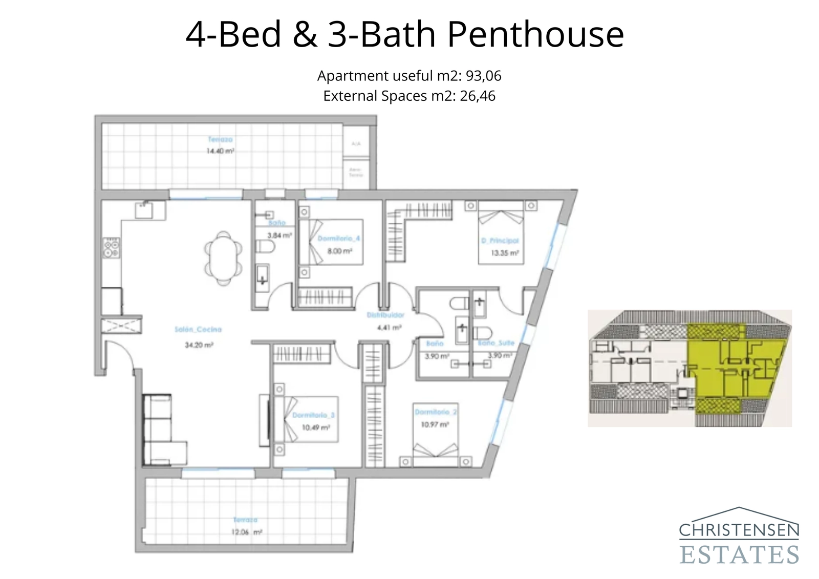 Ein weitläufiger Grundriss einer Dachgeschosswohnung mit vier Schlafzimmern, konzipiert für luxuriöses Wohnen mit einem großen Wohnbereich und zwei separaten Terrassen, um die Aussicht zu genießen.