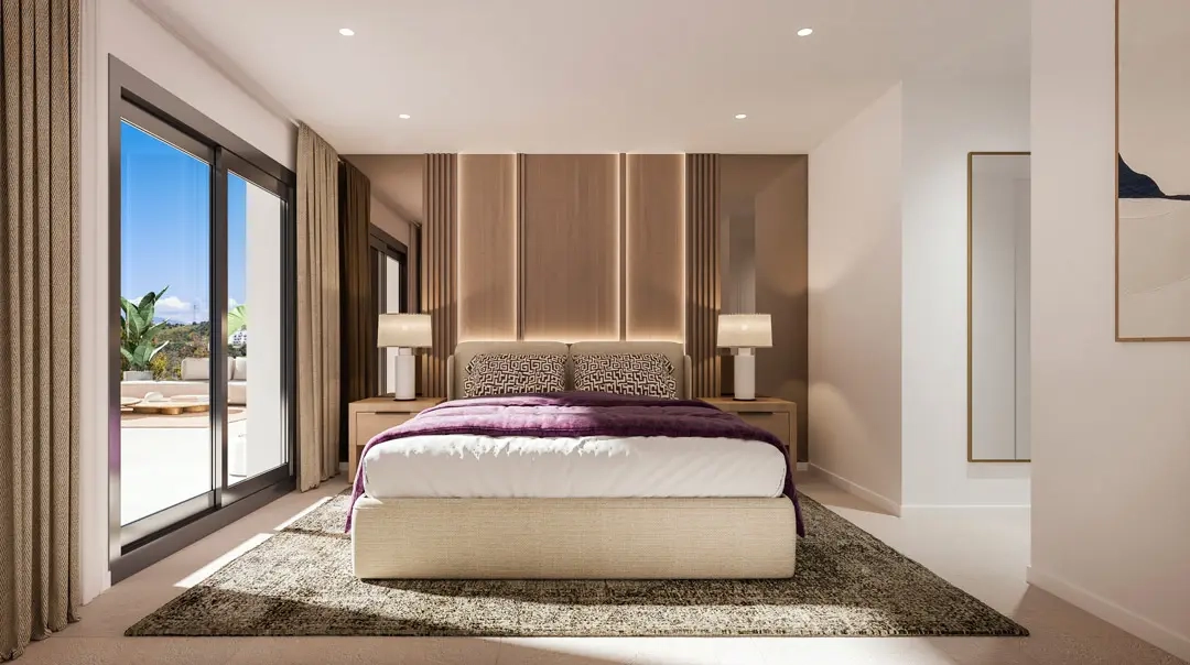 Das Hauptschlafzimmer ist ein ruhiger Rückzugsort mit direktem Zugang zur Terrasse.