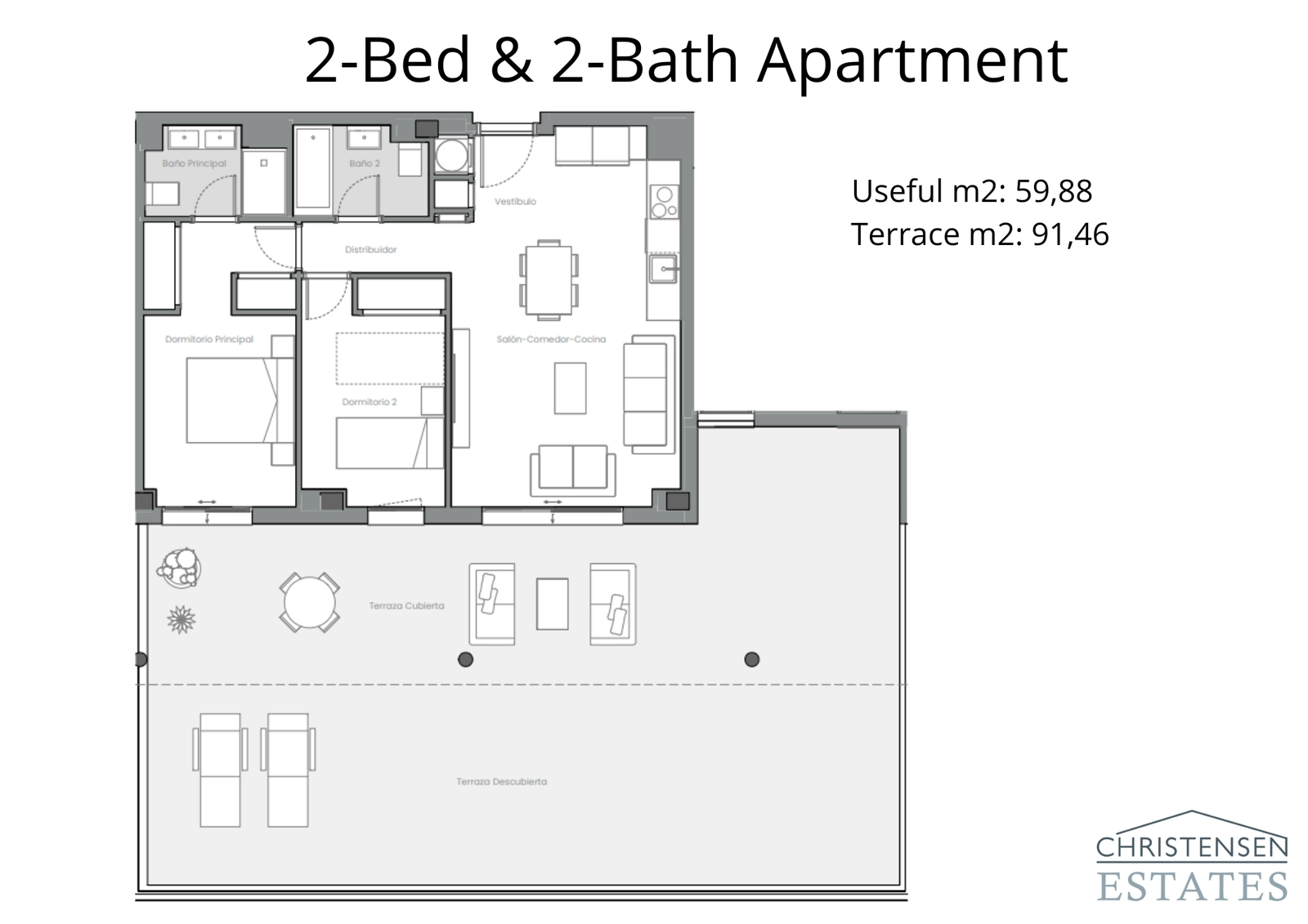 Grundriss einer Wohnung mit zwei Schlafzimmern, der eine intelligente Aufteilung mit einer weitläufigen Terrasse zeigt, die den Wohnraum ins Freie erweitert.