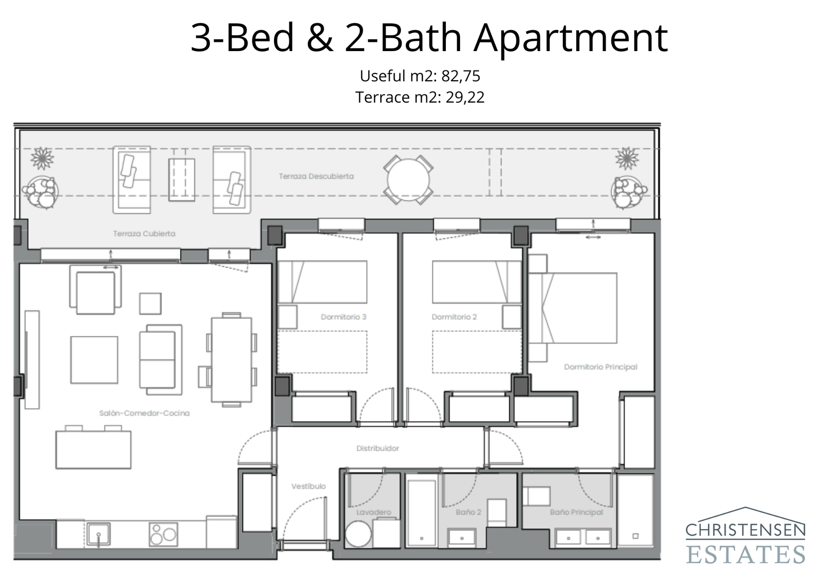 Grundriss einer geräumigen Dreizimmerwohnung, auf Komfort ausgelegt, mit klarer Trennung zwischen Wohn- und Schlafbereichen und einer großzügigen Terrasse.