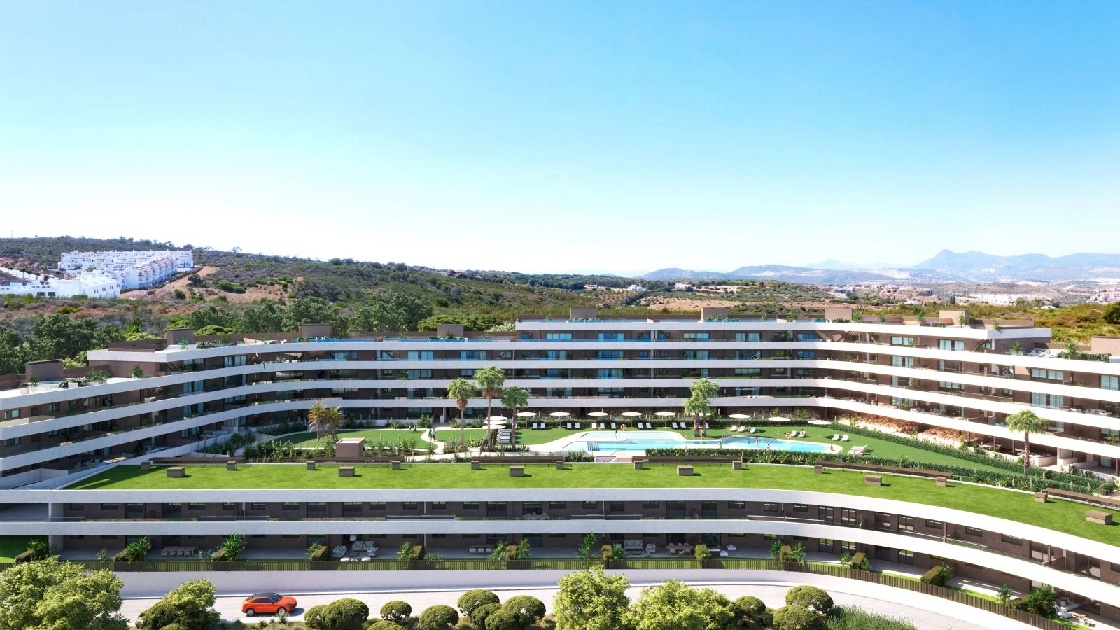 Das terrassierte Design der Anlage gewährleistet, dass viele Residenzen optimale Aussicht und natürliches Licht genießen.