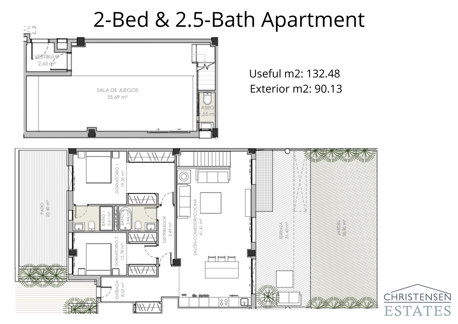 Dieser Grundriss einer Zweizimmerwohnung zeigt eine intelligente Aufteilung mit einem geräumigen Wohnbereich, der auf eine große Terrasse und einen privaten Garten übergeht.