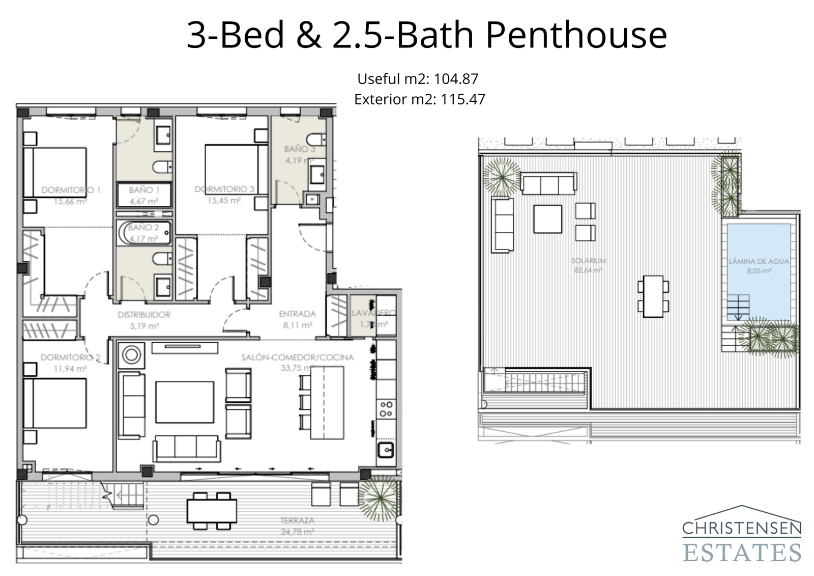 Der Grundriss für eine Dreizimmer-Dachgeschosswohnung mit einem weitläufigen Dachsolarium, perfekt zum Unterhalten und Sonnenbaden.