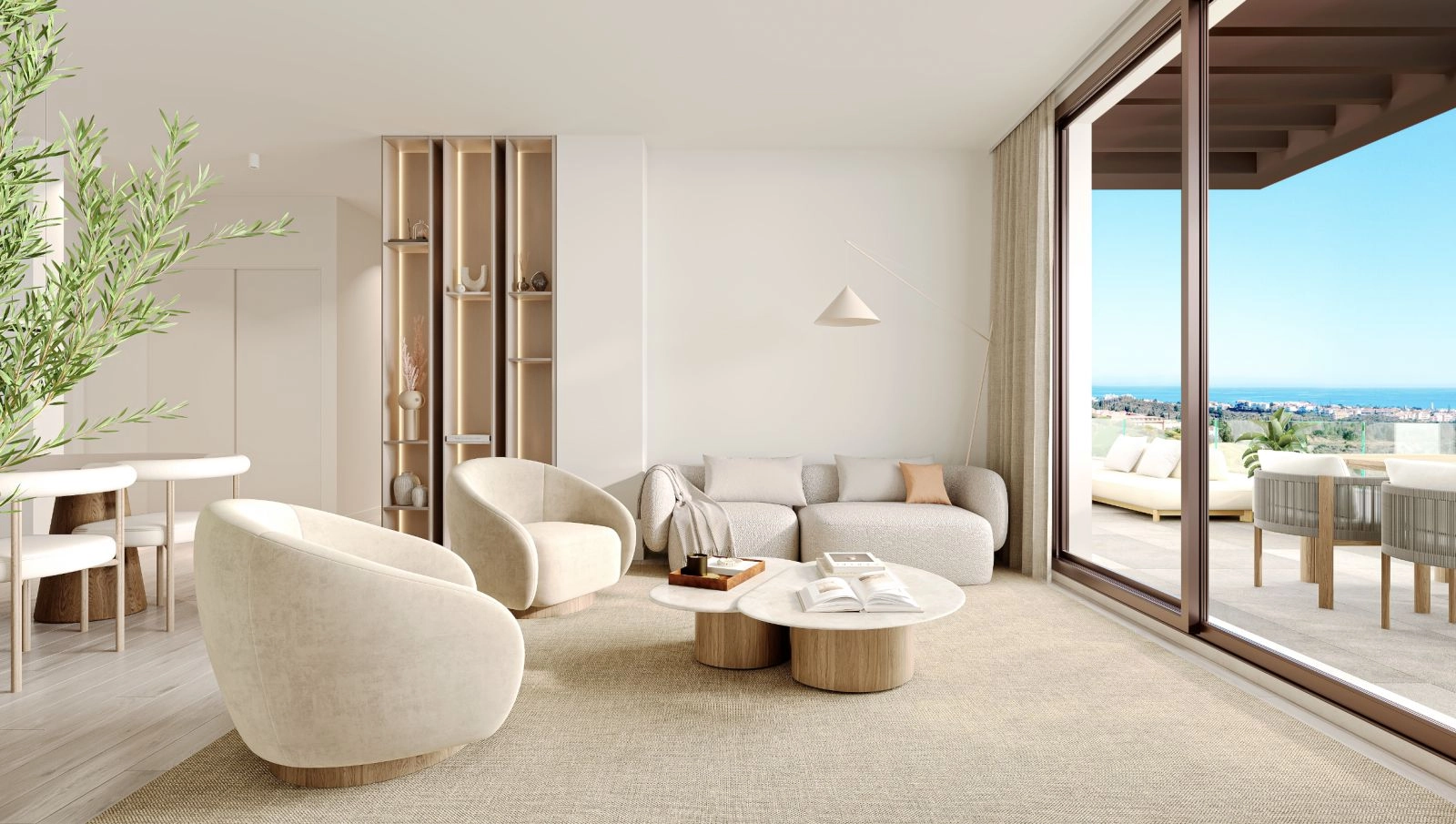 Helle und elegante Wohnzimmer, die nahtlos mit der Außenterrasse verbunden sind und einen großen offenen Wohnbereich schaffen.