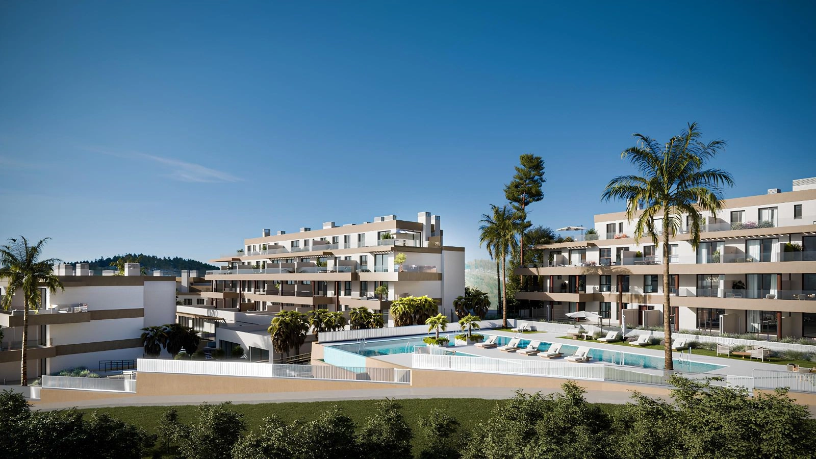 Ein Überblick über die moderne Wohnanlage, die ihre zeitgenössische Architektur und den schönen Poolbereich hervorhebt.