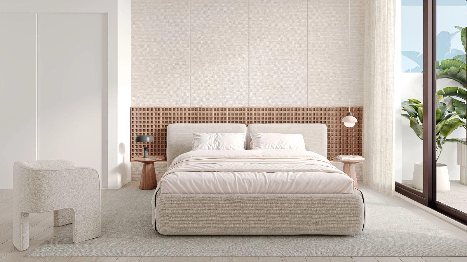 Ein ruhiges Hauptschlafzimmer, gestaltet als friedlicher Rückzugsort, mit sanften Farbtönen und Zugang zu natürlichem Licht.