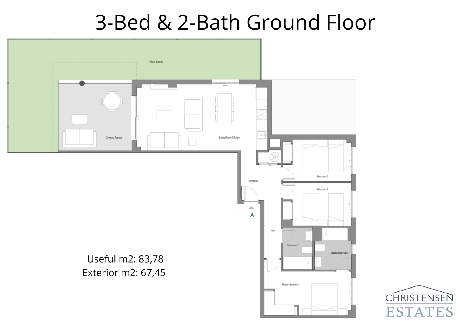 Grundriss für ein Erdgeschoss-Haus mit drei Schlafzimmern, zeigt den großzügigen privaten Garten und die überdachte Terrasse, die den Wohnraum nach draußen erweitert.