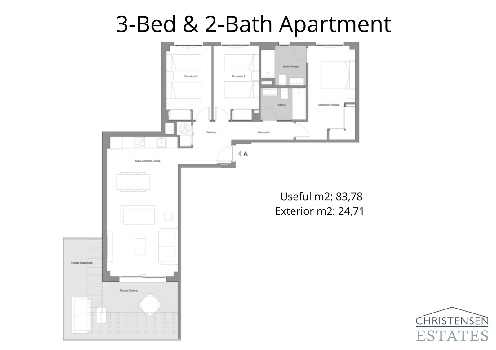 Grundriss einer Drei-Schlafzimmer-Wohnung mit cleverem Design, das Wohn- und Schlafbereiche für optimalen Komfort und Privatsphäre trennt.