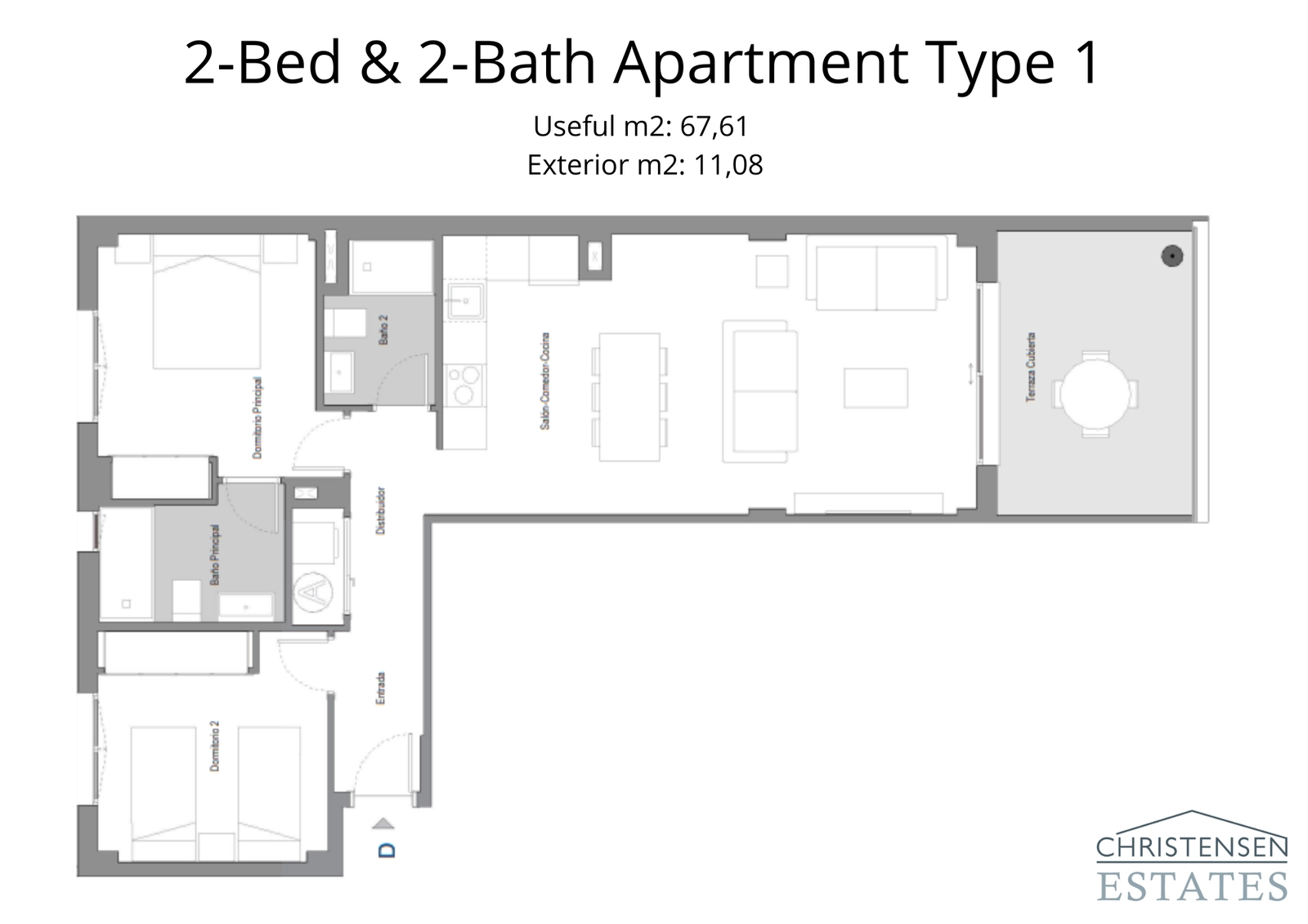 Dieser Zwei-Schlafzimmer-Wohnungsgrundriss bietet eine effiziente Raumaufteilung mit einem offenen Wohn- und Küchenbereich, der auf die Terrasse führt.