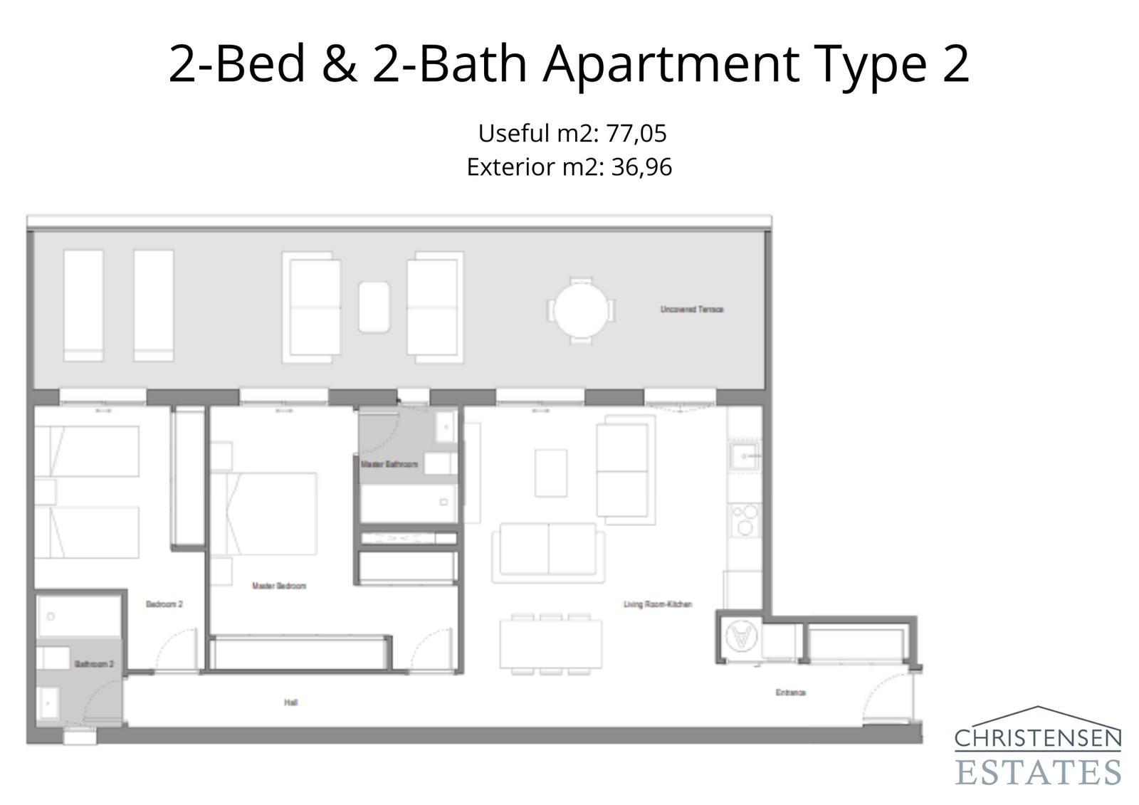 Ein alternativer Zwei-Schlafzimmer-Grundriss mit einem großen, integrierten Wohnbereich und einer sehr geräumigen Terrasse, ideal zum Genießen der Aussicht.
