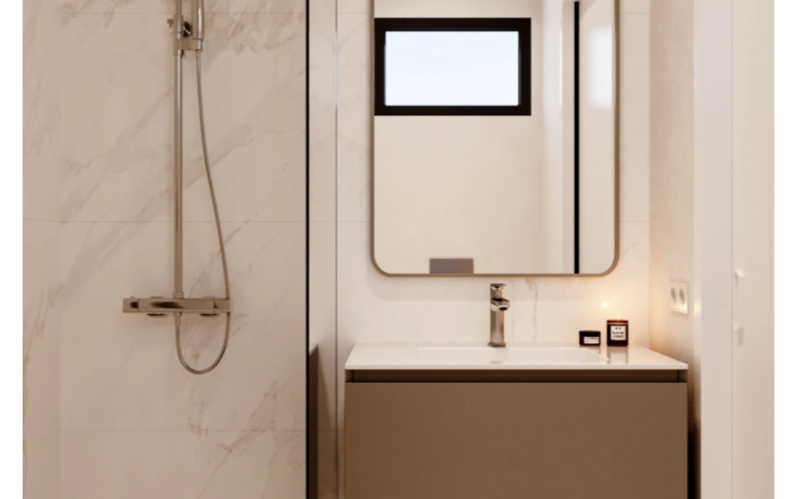 Elegante Badezimmer sind mit hochwertigen Feinsteinzeugfliesen und modernen Armaturen ausgestattet.