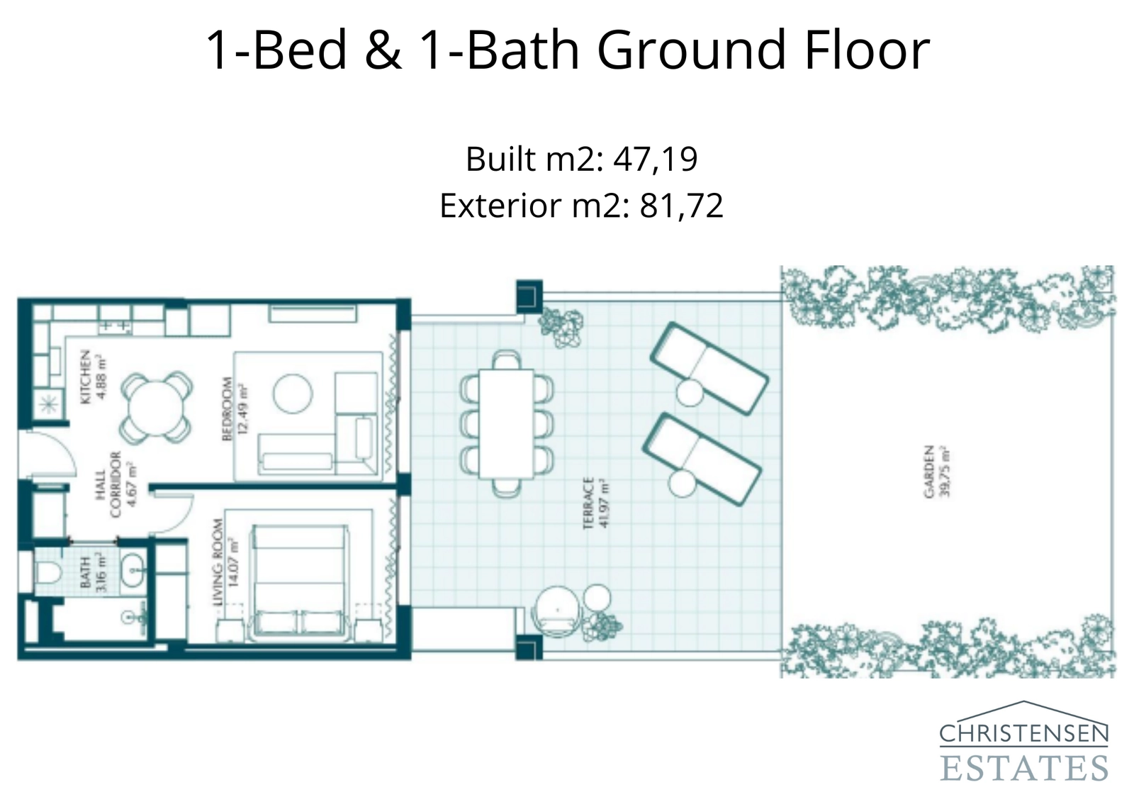 Dieser Grundriss im Erdgeschoss mit einem Schlafzimmer bietet eine geräumige Terrasse und einen privaten Garten, ideal für das Leben drinnen und draußen.