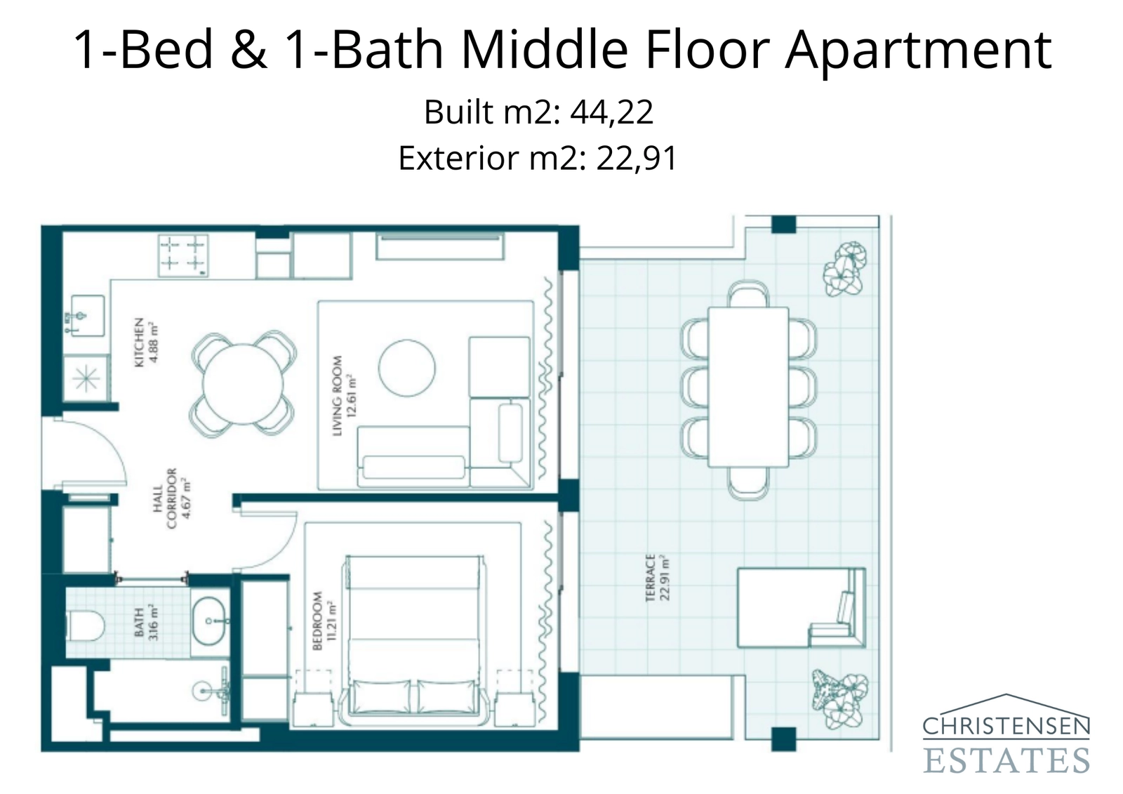 Ein gut durchdachter Grundriss für ein Schlafzimmer im mittleren Stockwerk, der eine funktionale Aufteilung und eine private Terrasse bietet.